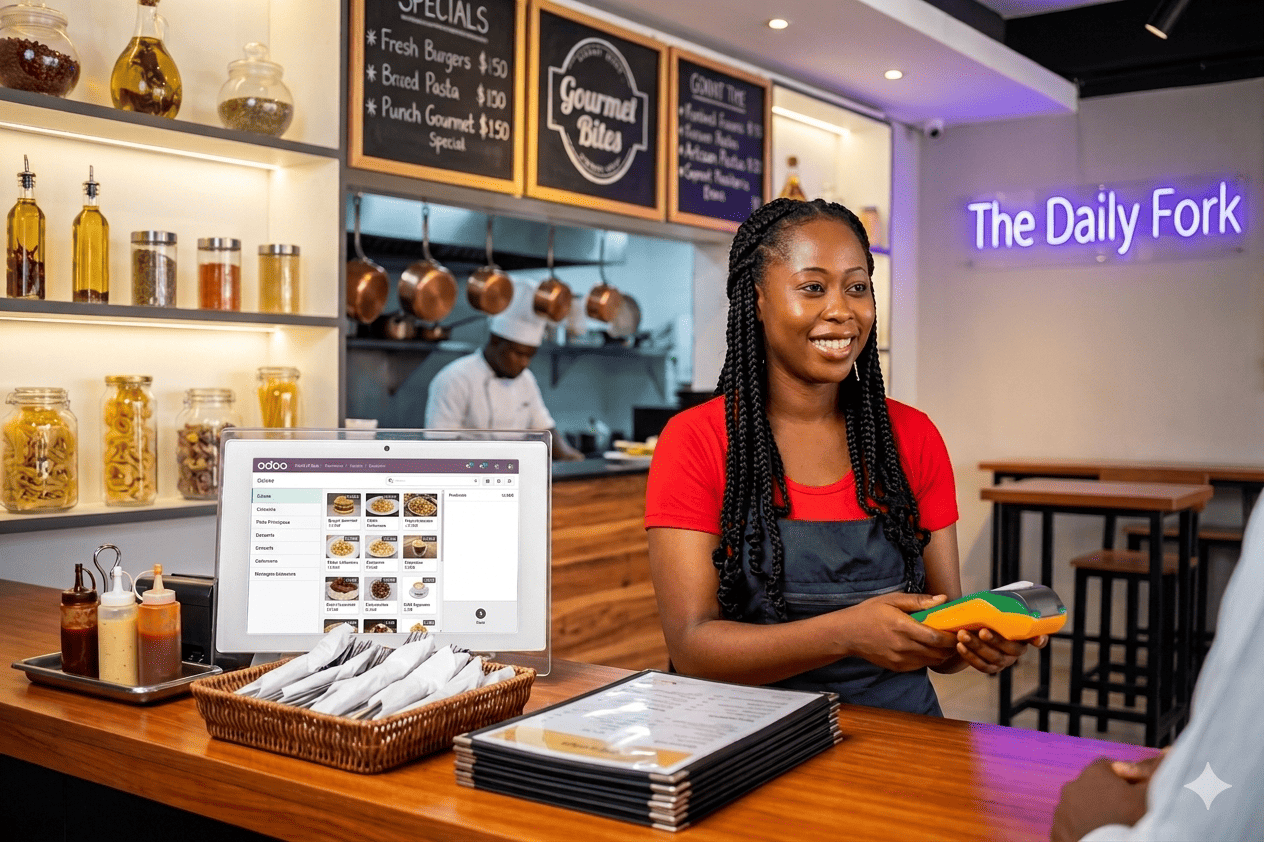 Point de vente Odoo pour restaurant au Congo — caisse tactile Brazzaville